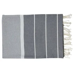 Serviette De Bain|Vivezen Véritable fouta Tunisienne XXL 2m x 3m tissage à plat 100% coton 380g - Gris foncé et gris clair -