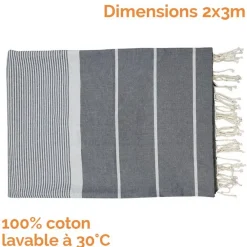 Serviette De Bain|Vivezen Véritable fouta Tunisienne XXL 2m x 3m tissage à plat 100% coton 380g - Gris foncé et gris clair -