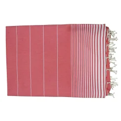 Vivezen Véritable fouta Tunisienne XXL 2m x 3m tissage à plat 100% coton 380g - Rouge vermeil et blanc -