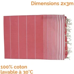 Vivezen Véritable fouta Tunisienne XXL 2m x 3m tissage à plat 100% coton 380g - Rouge vermeil et blanc -