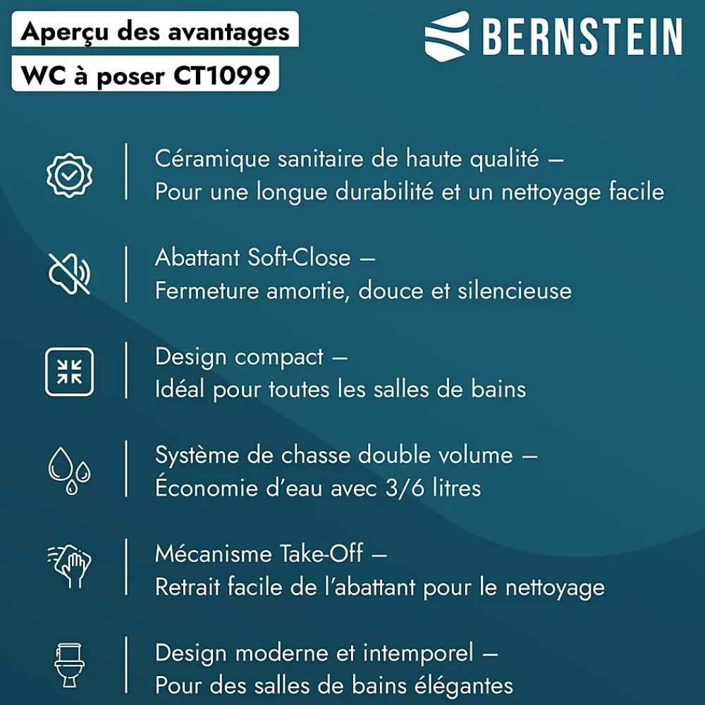 Wc À Poser|Bernstein WC à poser CT1099 - arrivée d'eau en haut - avec abattant Soft-Close