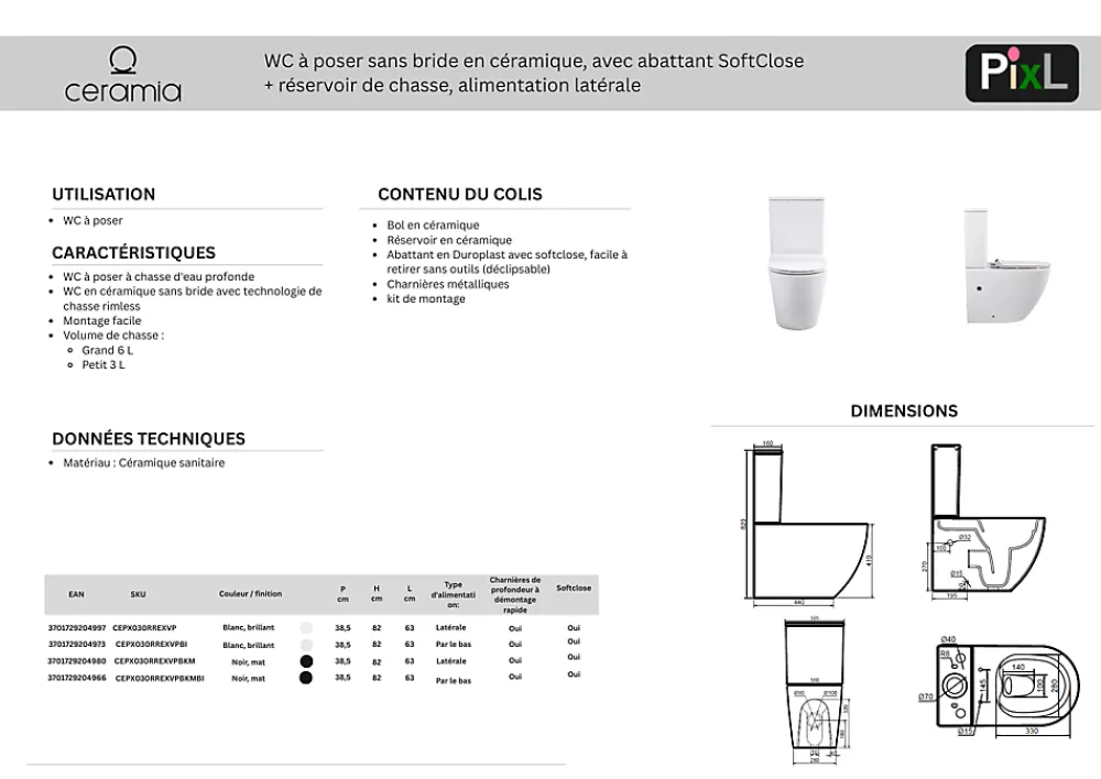 Wc À Poser|Ceramia WC à poser sans bride en céramique avec abattant SoftClose + réservoir de chasse, alimentation latérale, blanc (CEPX030RREXVP)