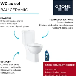 Wc À Poser|Grohe WC à poser sans bride Bau Ceramic avec abattant frein de chute declipsable + nettoyant Briochin
