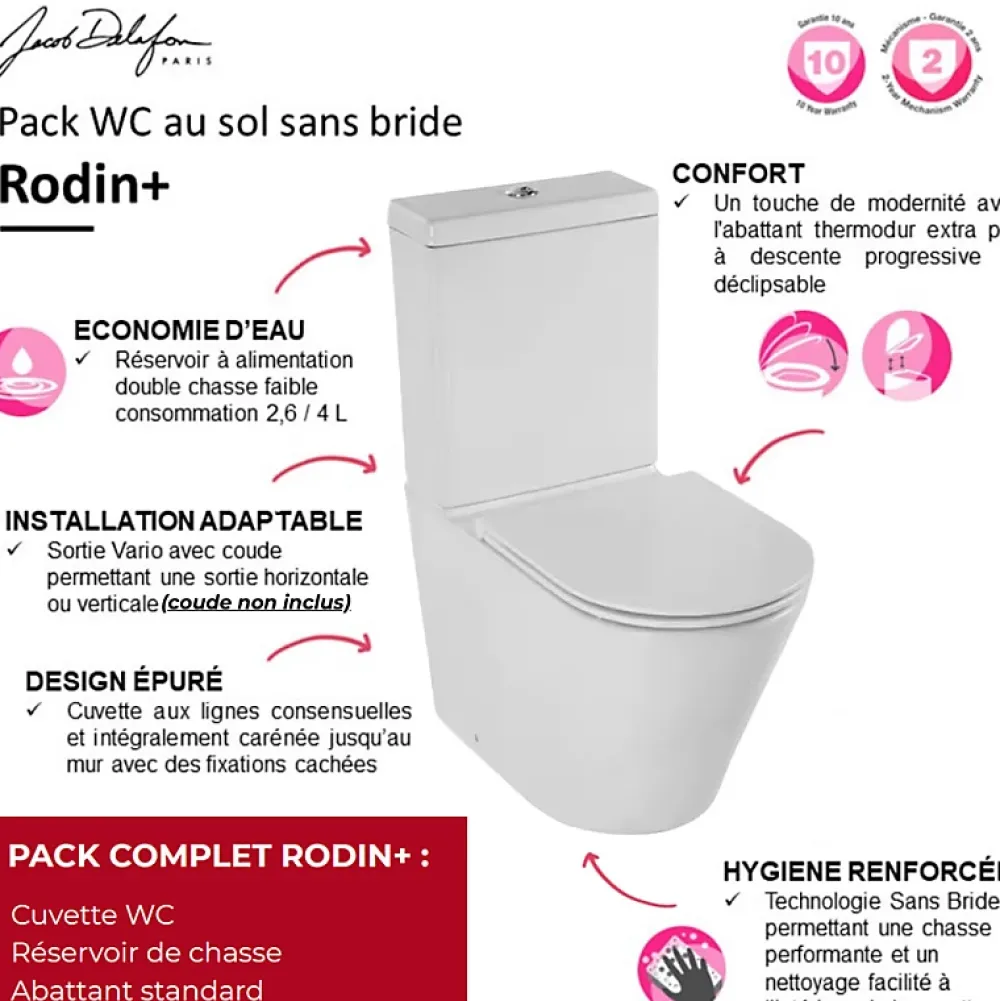 Wc À Poser|Jacob Delafon WC à poser sans bride sortie universelle Rodin+ avec abattant frein de chute + nettoyant