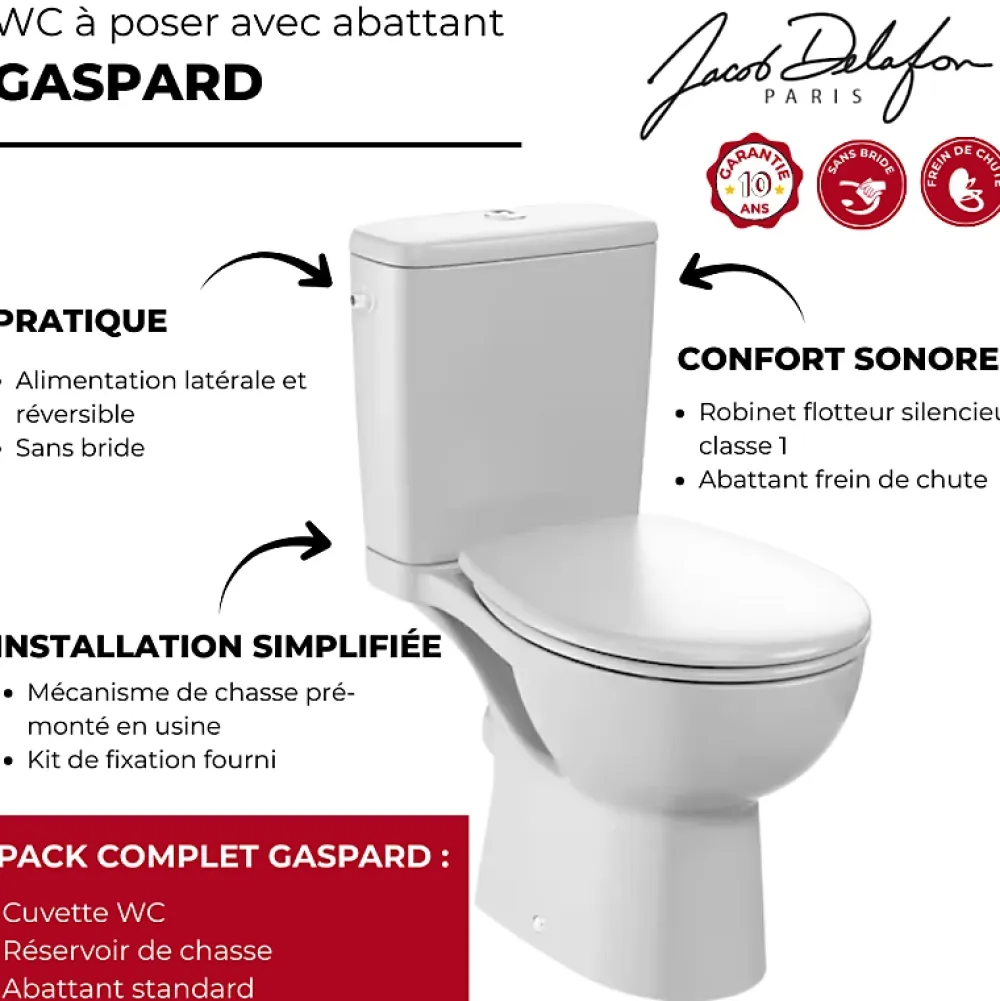 Wc À Poser|Jacob Delafon WC à poser sans bride sortie horizontale Gaspard avec abattant frein de chute et déclipsable + gel WC