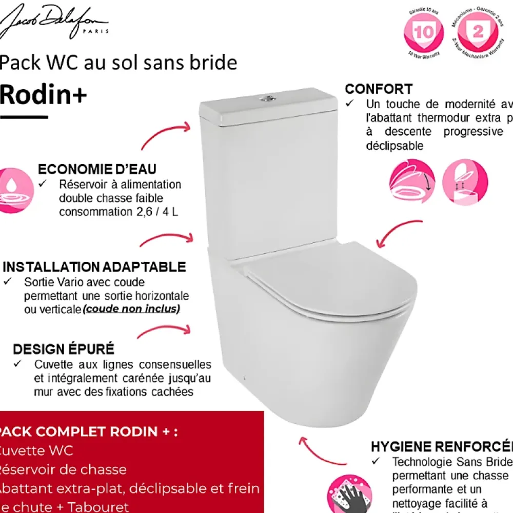 Wc À Poser|Jacob Delafon WC à poser sans bride sortie universelle Rodin+ avec abattant frein de chute + tabouret physiologique blanc