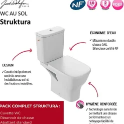 Jacob Delafon WC à poser sans bride sortie horizontale Struktura avec abattant + Tabouret physiologique bois