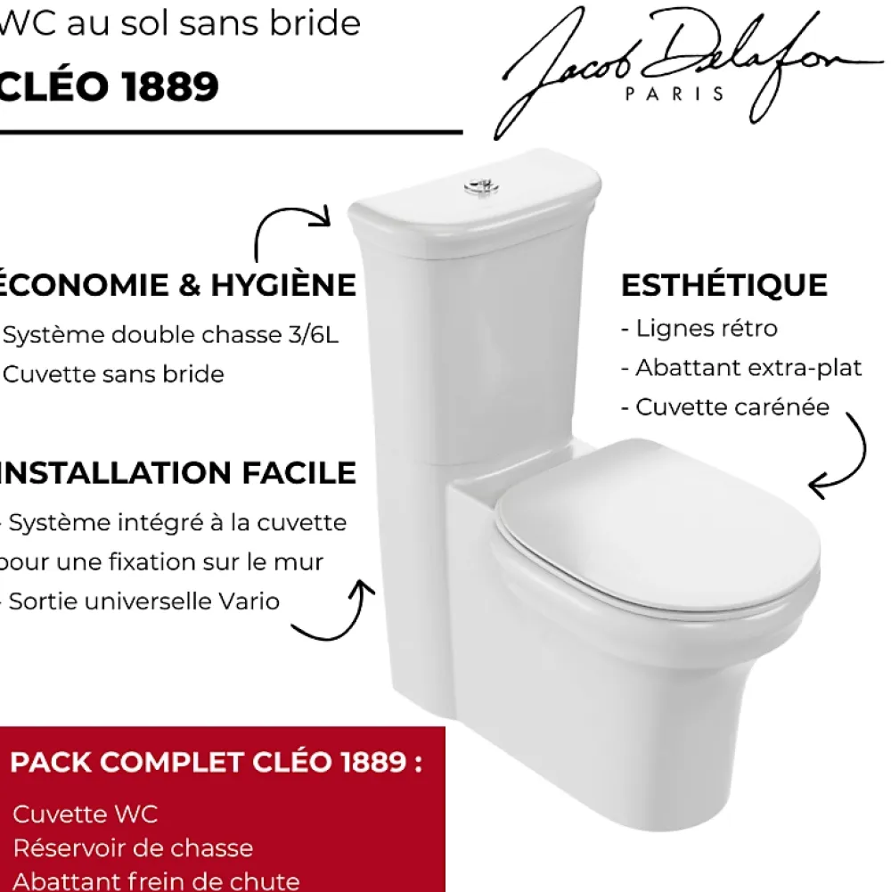 Jacob Delafon WC à poser sans bride sortie universelle Cléo 1889 avec abattant extra-plat frein de chute