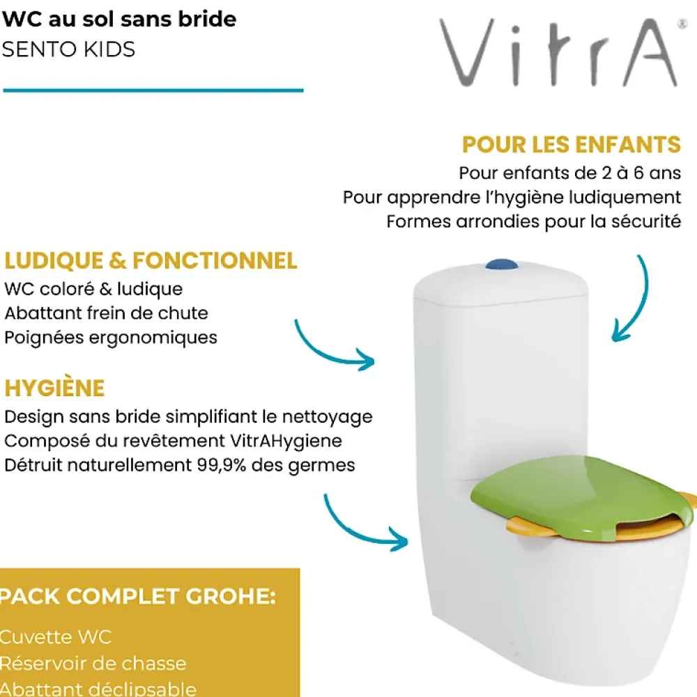 Vitra WC à poser sans bride Sento Kids Blanc + réservoir + abattant vert et jaune