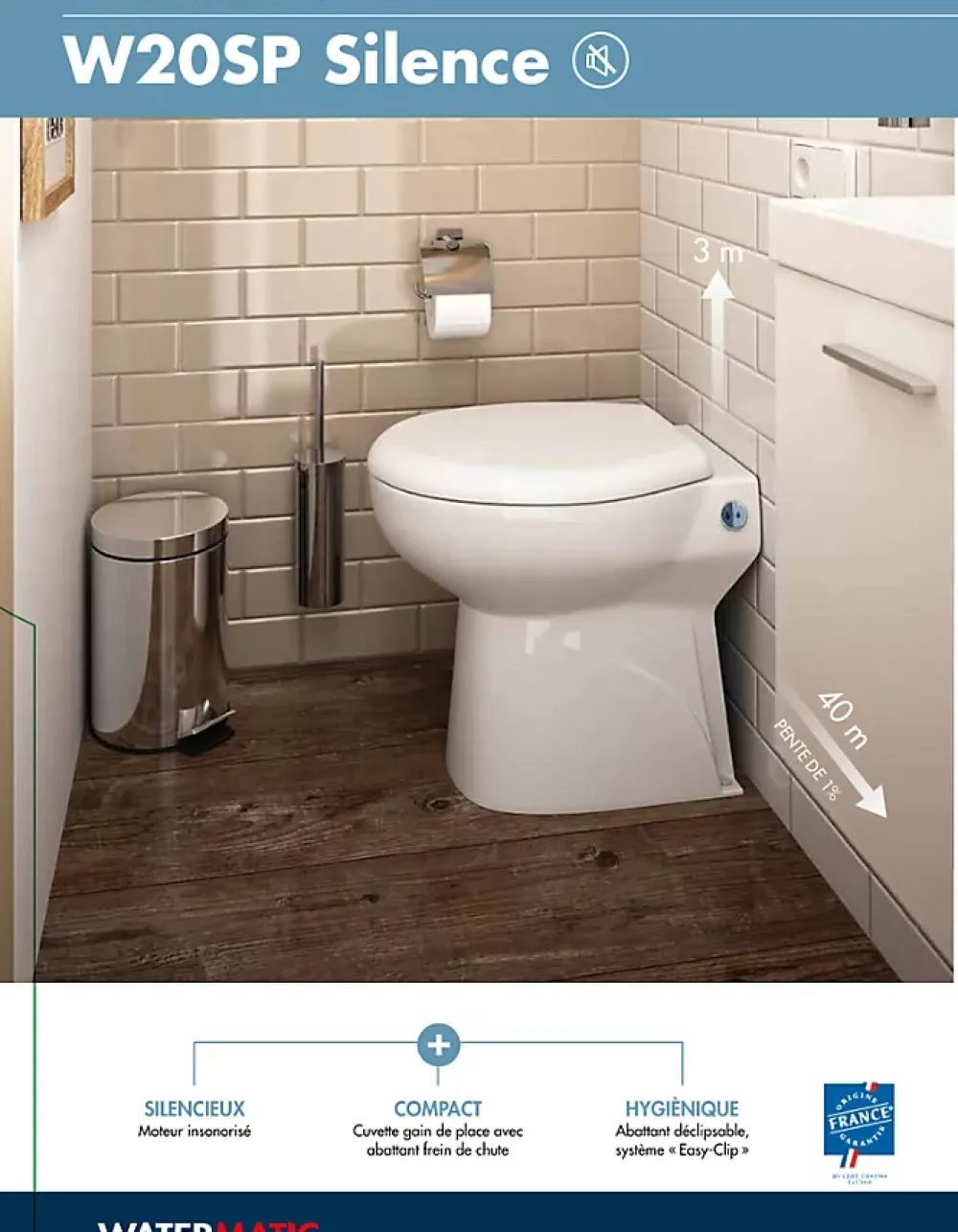 Watermatic WC au sol Sanibroyeur à relevage intégrée cuvette compacte 54,5x36 raccordement 1 lave-mains inclus W20SP Silence blanc