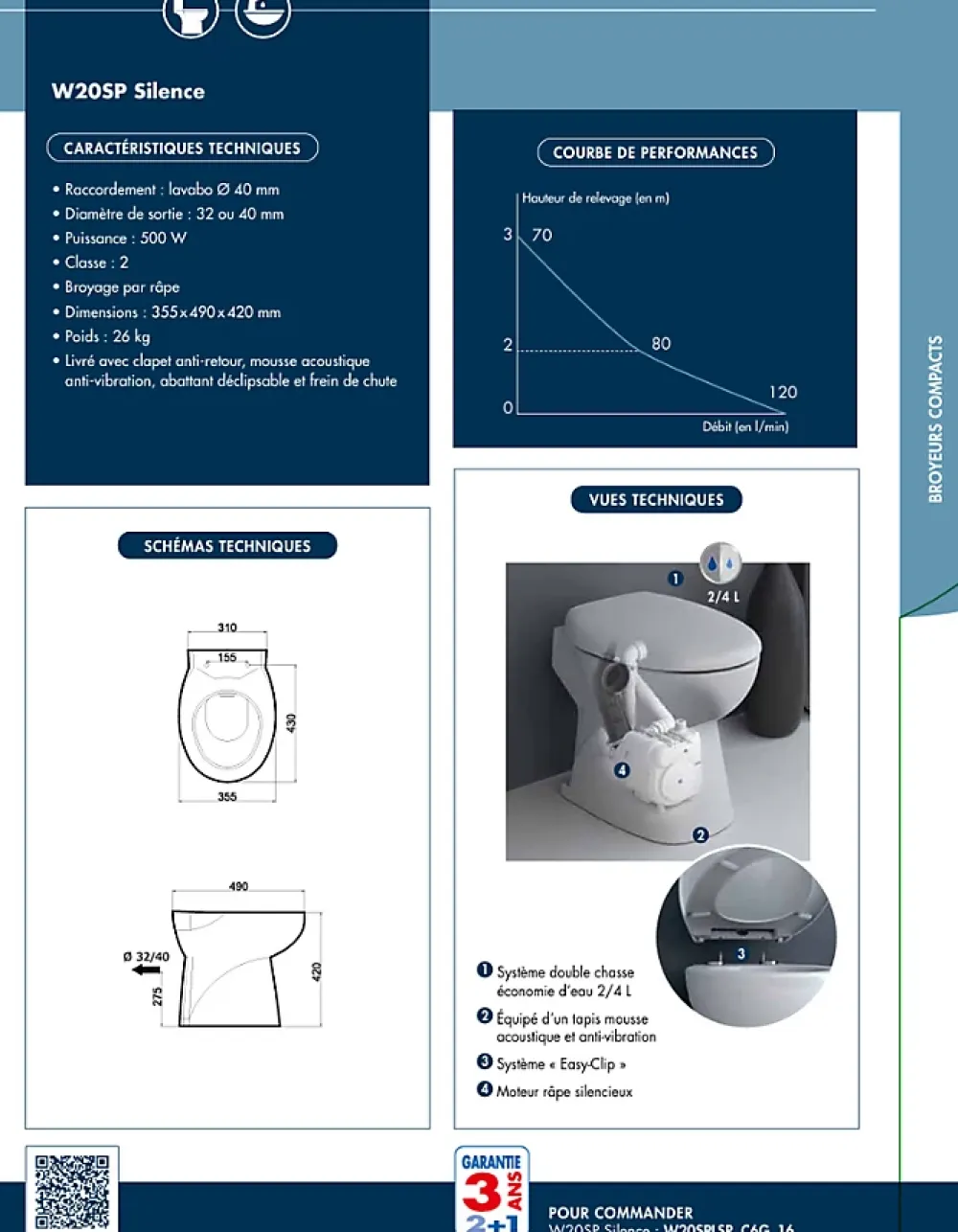 Watermatic WC au sol Sanibroyeur à relevage intégrée cuvette compacte 54,5x36 raccordement 1 lave-mains inclus W20SP Silence blanc