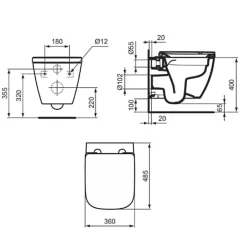 Ideal Standard WC suspendu compact sans bride I.Life S RimLS+ avec abattant frein de chute