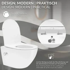 Luxebath WC suspendu en céramique cuvette sans rebord long fonction bidet avec siège
