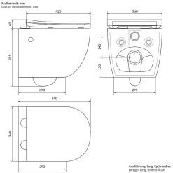 Luxebath WC suspendu en céramique cuvette sans rebord long fonction bidet avec siège