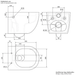 Luxebath WC suspendu en céramique cuvette sans rebord long fonction bidet avec siège