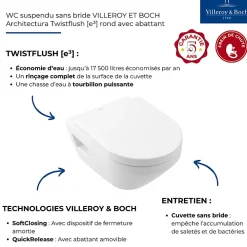 Villeroy & Boch WC suspendu sans bride VILLEROY ET BOCH Architectura Twistflush rond avec abattant