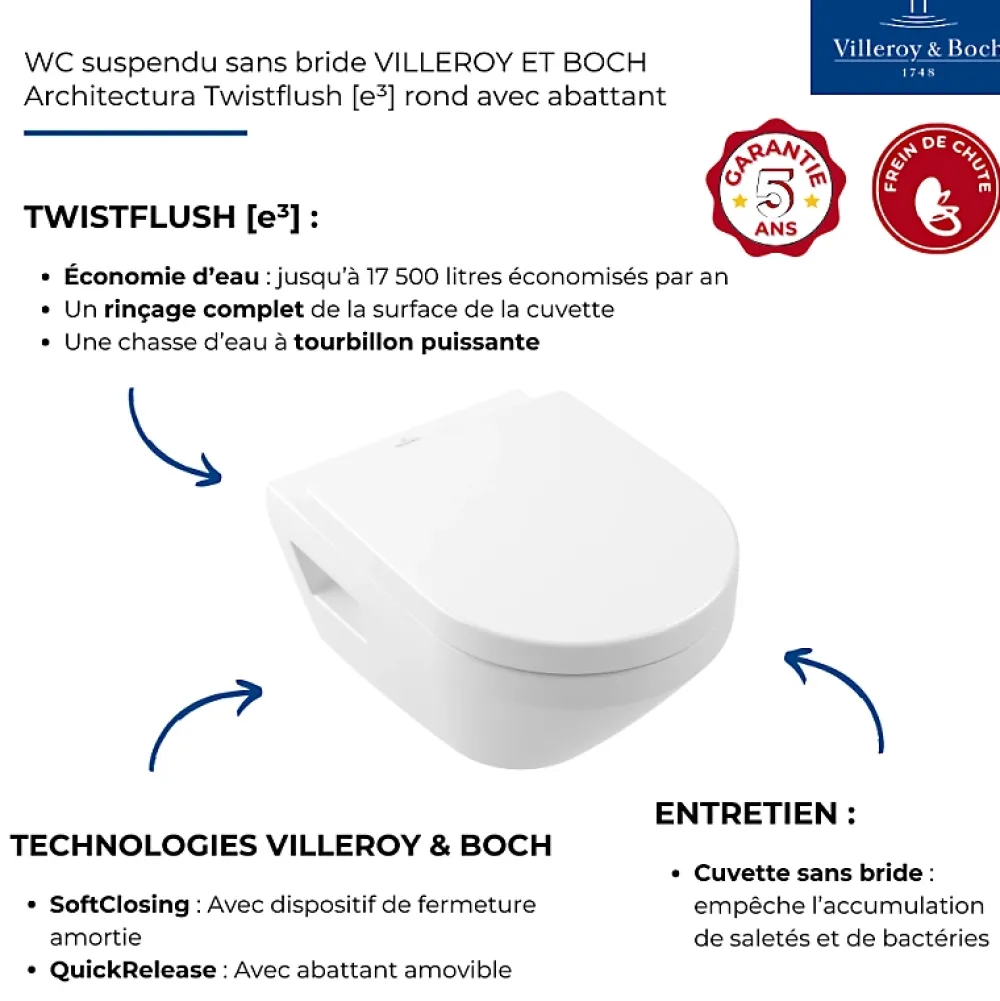 Villeroy & Boch WC suspendu sans bride VILLEROY ET BOCH Architectura Twistflush rond avec abattant