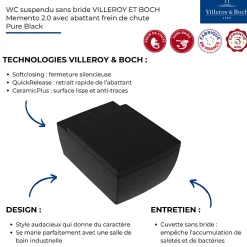Wc Suspendu|Villeroy & Boch WC suspendu sans bride VILLEROY ET BOCH Memento 2.0 avec abattant Pure Black