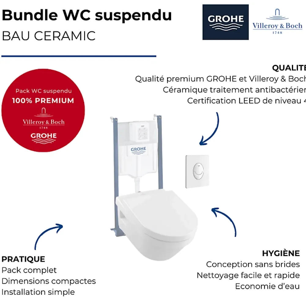 Wc Suspendu|Villeroy & Boch WC suspendu sans bride VILLEROY ET BOCH Architectura + abattant + bati support GROHE + plaque de commande blanche