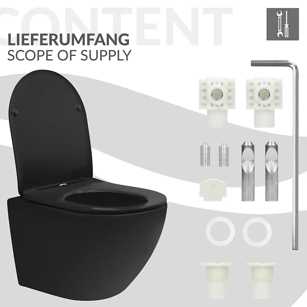 Luxebath WC suspendu sans rebord court nano-revêtement noir mat céramique SoftClose