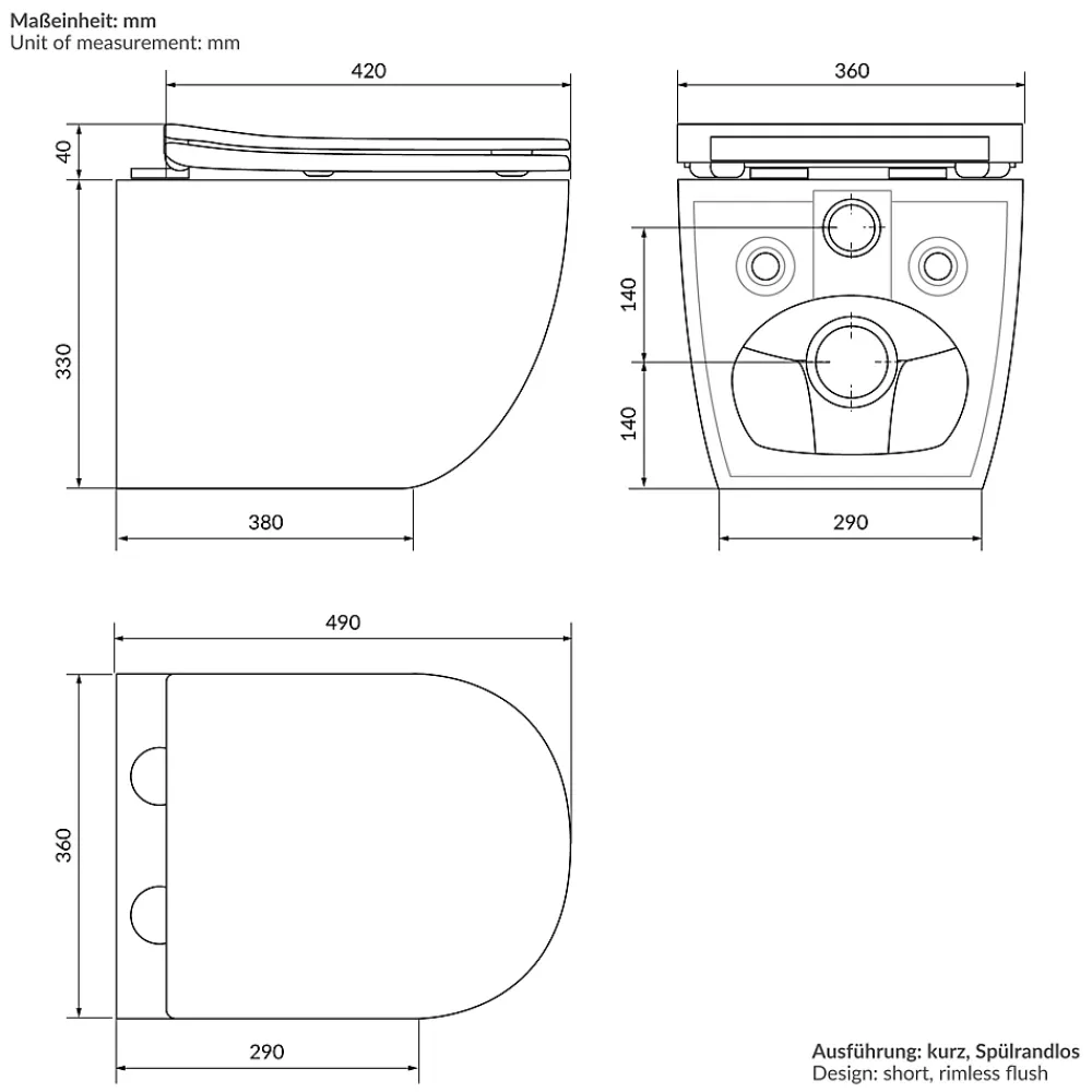 Luxebath WC suspendu sans rebord court nano-revêtement noir mat céramique SoftClose
