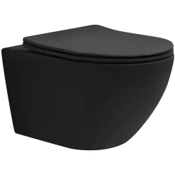 Wc Suspendu|Luxebath WC suspendu sans rebord long en céramique noir mat avec siège de WC Softclose