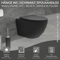 Wc Suspendu|Luxebath WC suspendu sans rebord long en céramique noir mat avec siège de WC Softclose