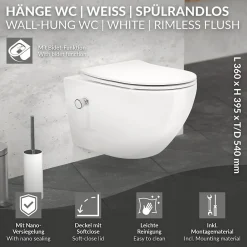Wc Suspendu|Luxebath WC suspendu sans rebord nano revêtement fonction bidet long blanc céramique