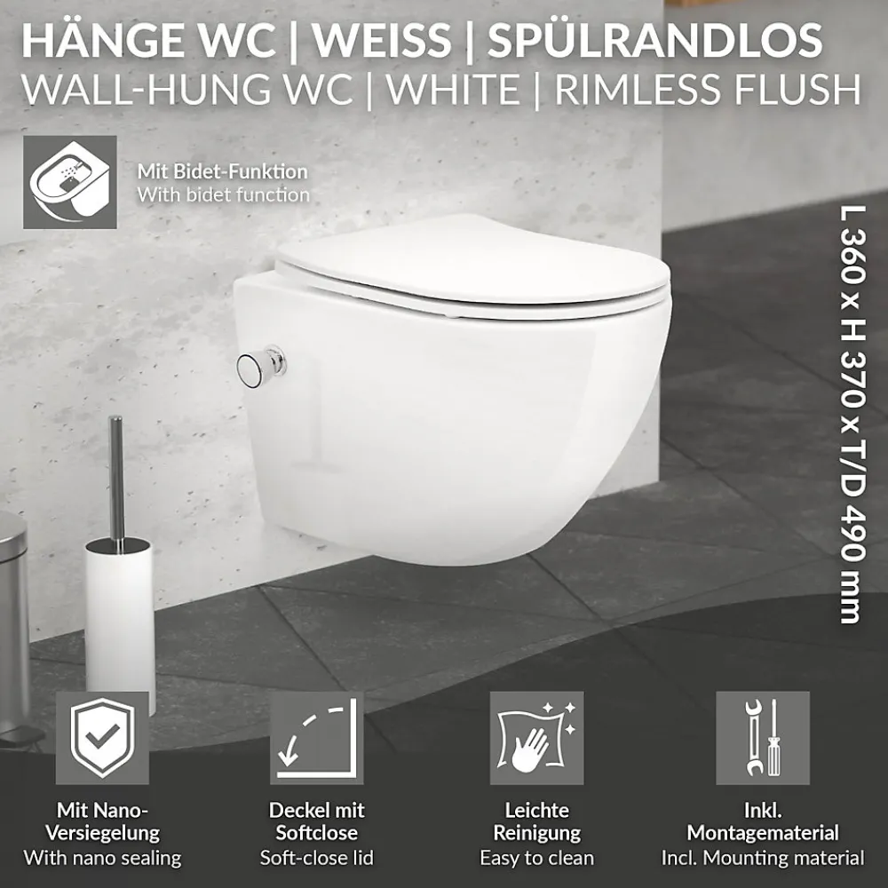 Luxebath WC suspendu sans rebord nano revêtement fonction bidet blanc céramique