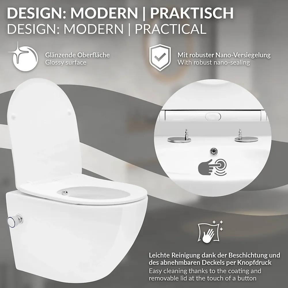 Luxebath WC suspendu sans rebord nano revêtement fonction bidet blanc céramique