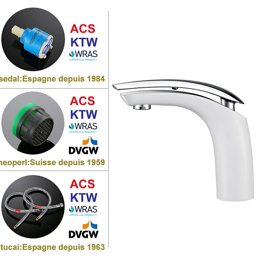 Robinet Lavabo Et Vasque|Homelody 2x Robinets Salle de Bain Mitigeur de Lavabo en Laiton de Qualité Blanc Chromé Robinetterie pour Lavabo Hauteur sous Bec 125mm