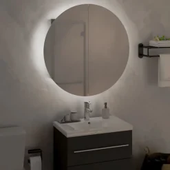 Meuble Wc|zmh Armoire de salle de bain miroir rond et LED Gris 47x47x17,5 cm