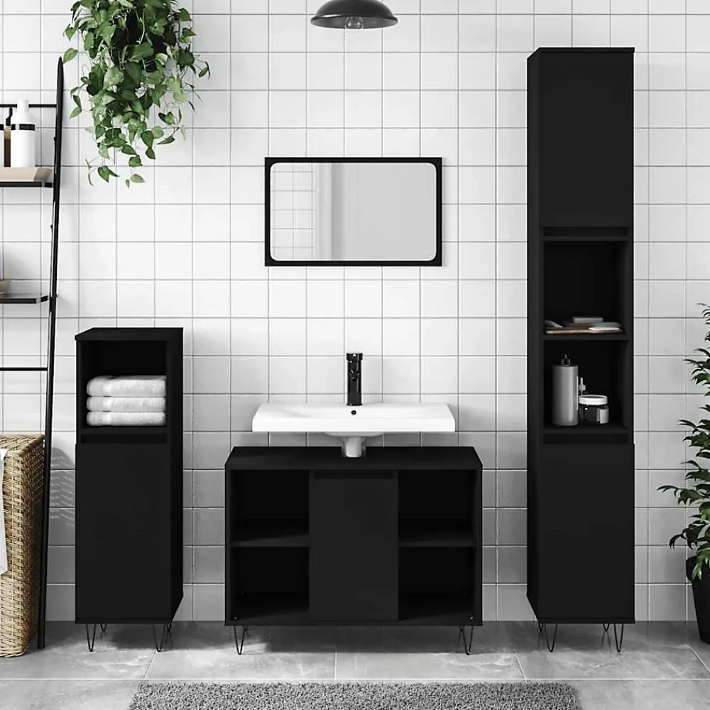 Meuble Wc|zmh Armoire de salle de bain noir 80x33x60 cm bois d'ingénierie