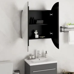Meuble Wc|zmh Armoire de salle de bain miroir rond et LED Noir 54x54x17,5 cm