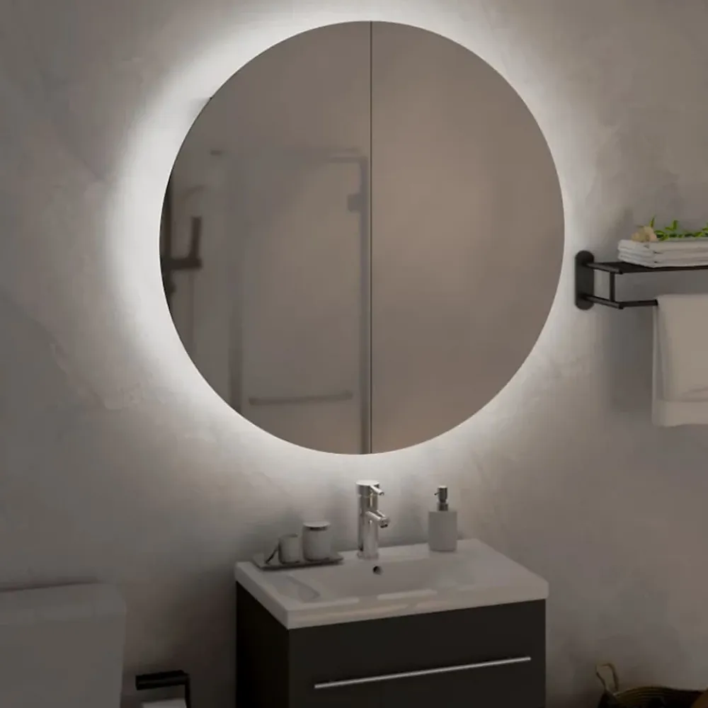 zmh Armoire de salle de bain miroir rond et LED Blanc 54x54x17,5 cm