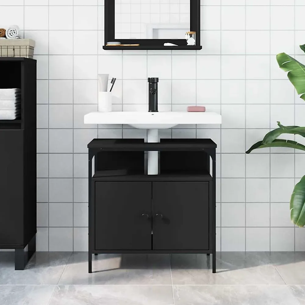 zmh Armoire lavabo de salle de bain noir 60x30x60 cm