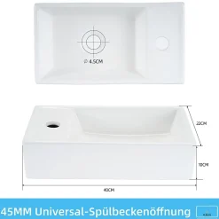 Plan Simple Vasque|zmh Lavabo Carré Céramique Mural 40x22x10cm, Blanc Avec Trou Pour Robinet