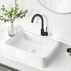 Plan Simple Vasque|zmh Lavabo Carré Céramique à Poser, 48x37x13,5cm, Finition Nano Effet Lotus, Blanc