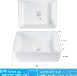 Plan Simple Vasque|zmh Lavabo Carré Céramique à Poser, 48x37x13,5cm, Finition Nano Effet Lotus, Blanc