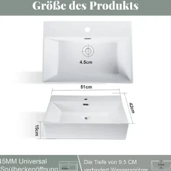 zmh Lavabo Carré En Céramique à Poser 51x42x15cm Blanc
